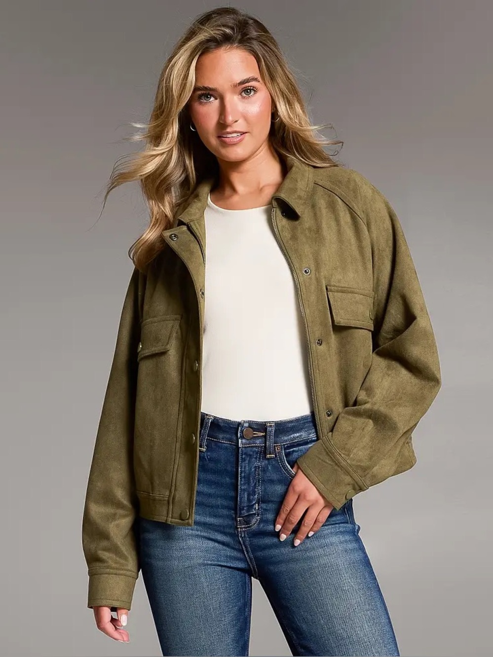 BKE Olive Utility Jacket with Snap Front